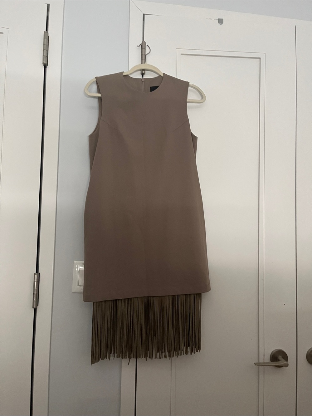 Sleeveless Taupe Fringe-Hem Dress